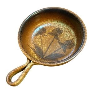 Vintage 10” Kitchen Skillet Brown‎ Italy Pottery Handmade Country Floral Decor